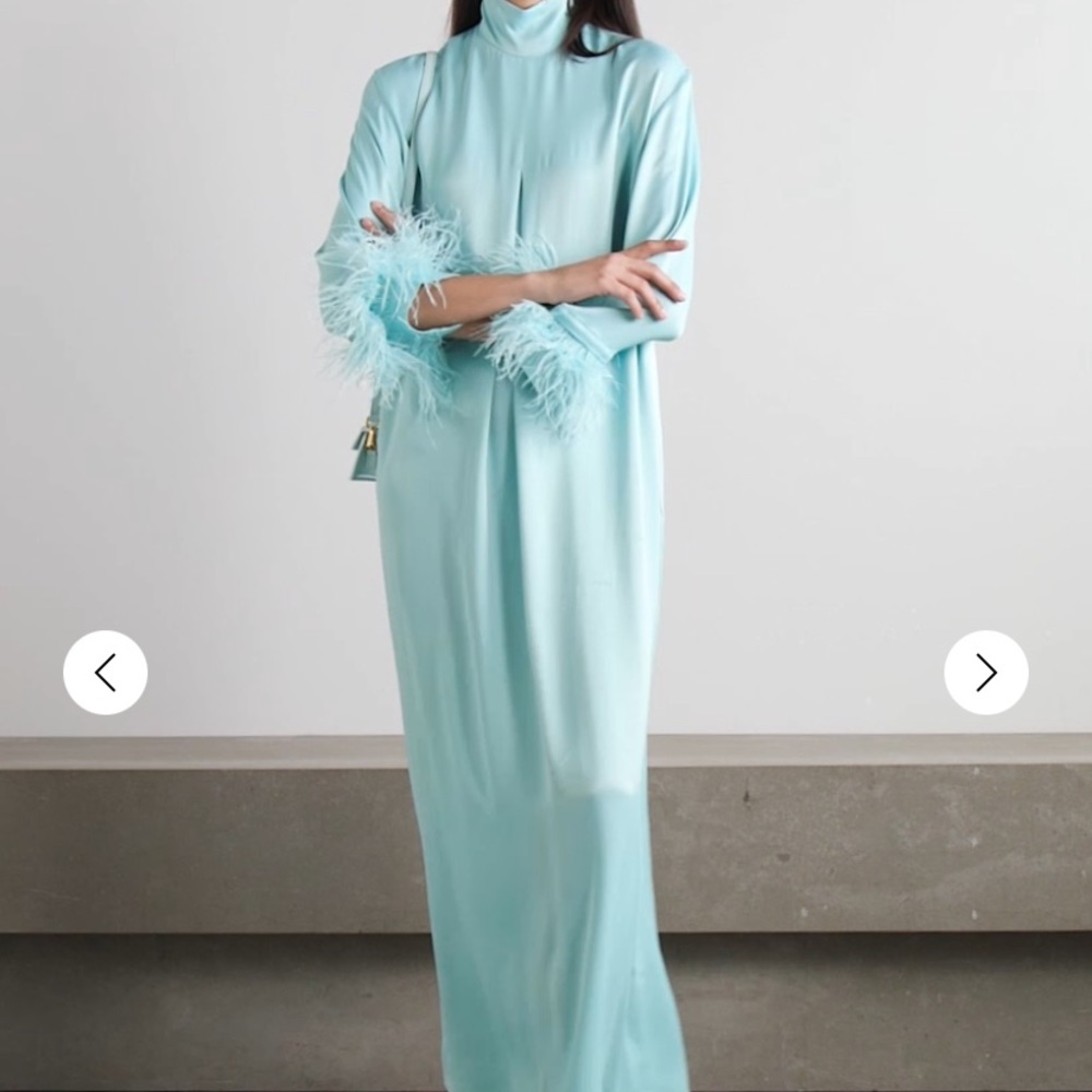 feather-trimmed crepe turtleneck maxi dress